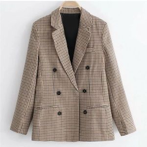 Business Plaid Print Double Breasted Lapel Collar Blazer!